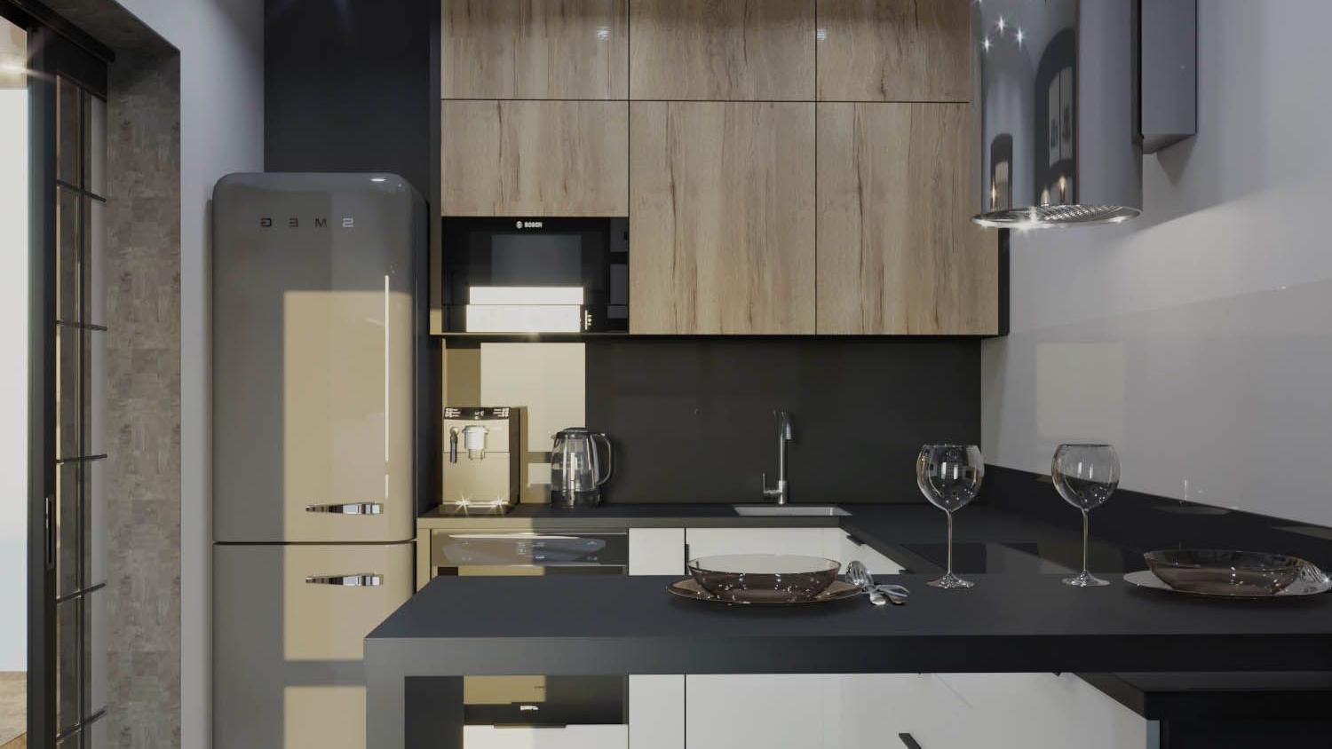 Кухня в сером цвете – дизайн кухни, интерьер под дерево: фото 
